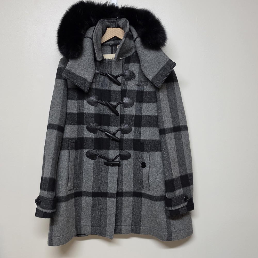 Burberry‎ Brit Gray Plaid Wool Duffle Coat Blue Fox Fur Hood Womens US 10 IT 44